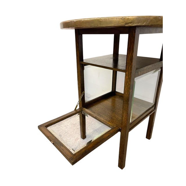 Vintage Arts & Crafts Side Table With Hammered Brass Tray Top and Glass Display Cabinet For Sale - Image 9 of 11