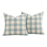 One Pair Custom Schumacher Camden Check Color Aqua Down and Feather Pillows With Self Welt and Invisible Zippers For Sale
