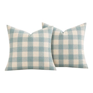 One Pair Custom Schumacher Camden Check Color Aqua Down and Feather Pillows With Self Welt and Invisible Zippers For Sale