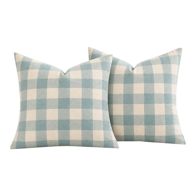 One Pair Custom Schumacher Camden Check Color Aqua Down and Feather Pillows With Self Welt and Invisible Zippers For Sale