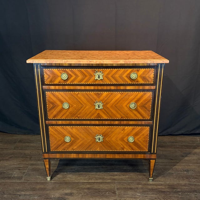 Brown French Neoclassical Louis XVI Marble Top Parquetry Chest of Drawers For Sale - Image 8 of 13