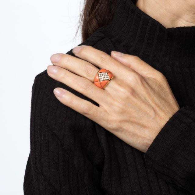 80s Vintage Coral Diamond Cigar Band 18k Yellow Gold Sz 6.25 Ring Fine Jewelry For Sale In Los Angeles - Image 6 of 7