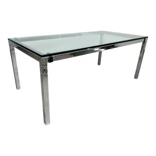 Mid-Century Milo Baughman Style Chrome and Glass Top Dining Table by Tri-Mark For Sale