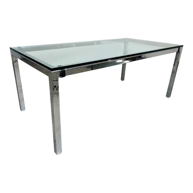 Mid-Century Milo Baughman Style Chrome and Glass Top Dining Table by Tri-Mark For Sale