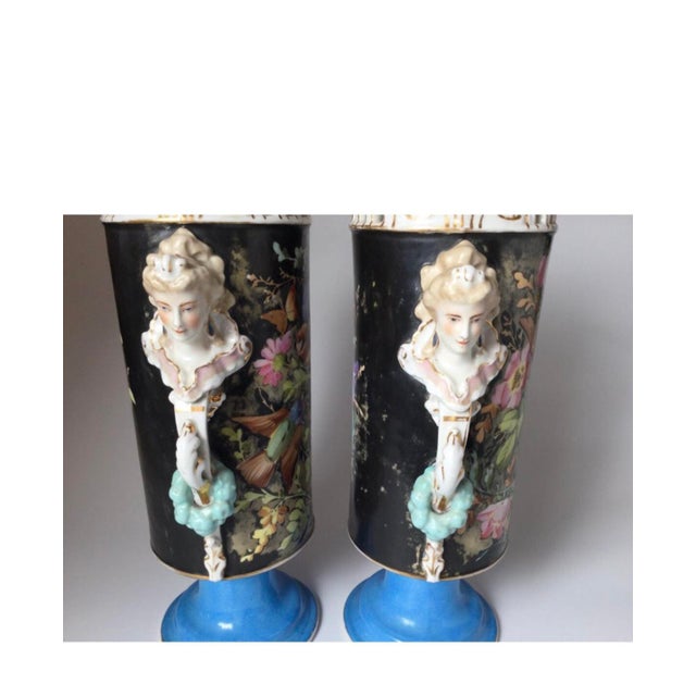 Beautiful Large 16 Inch Pair Antique French Porcelain Urns or Vases Eclectic Victoria Aesthetic Movement Naturalism Maidenhead Handles For Sale - Image 9 of 11