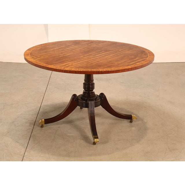 High Quality Vintage Round Top Mahogany Dining Table on Pedestal Base with Brass Capped Feet and Rolling Casters