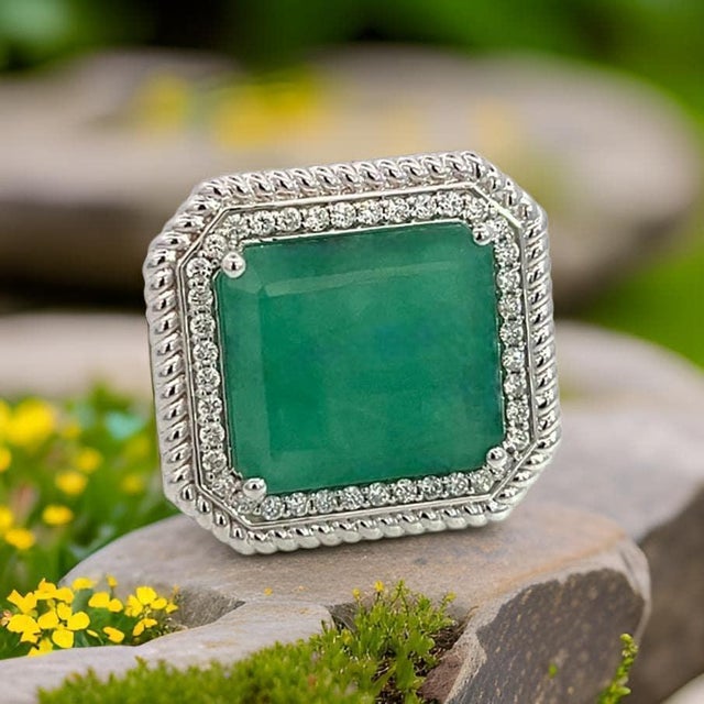 Natural Emerald Diamond Ring Size 6.25 14k W Gold 13.14 TCW Certified For Sale - Image 10 of 18