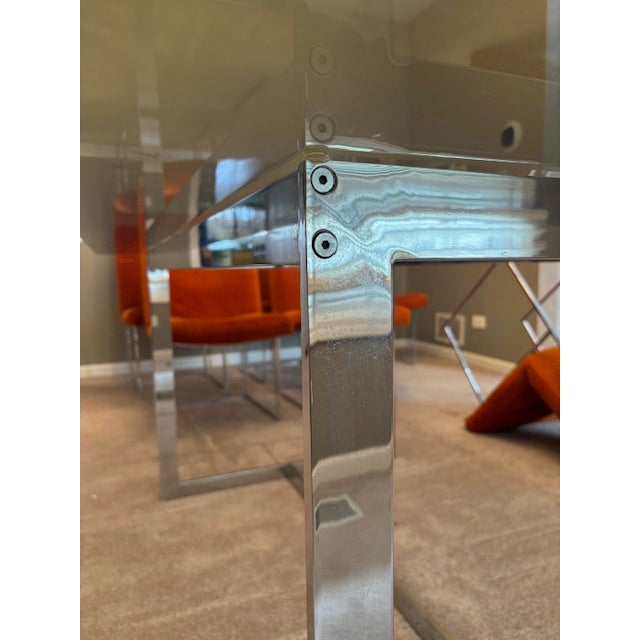 Vintage Set of 6 Mid-Century Modern Milo Baughman for Thayer Coggin Chrome Dining Chairs & Smoked Glass Dinning Table For Sale - Image 10 of 17