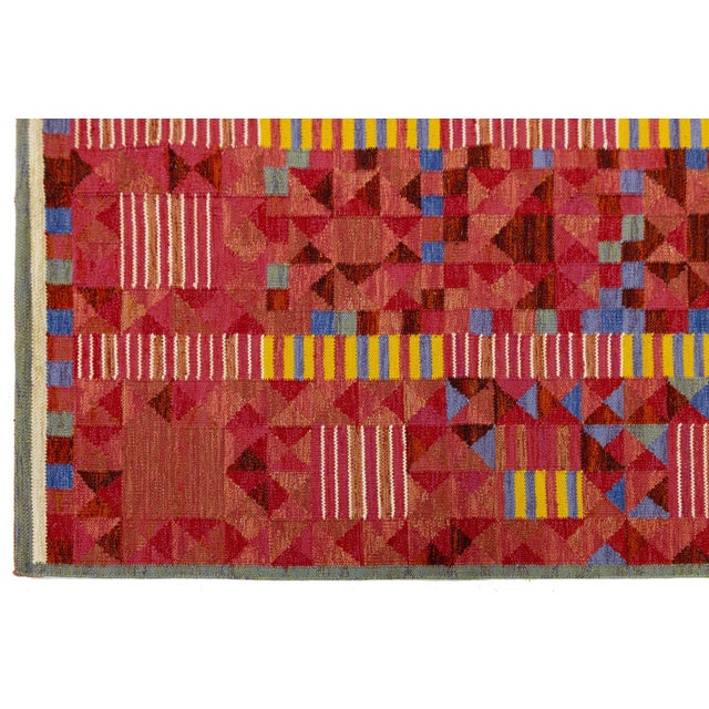 Vibrant Terracotta Geometric Kilim Rug Modern Swedish-Style Wool Flatweave 10x14 For Sale - Image 10 of 10