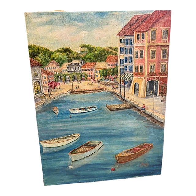 Vintage 1990 Signed Oil on Canvas European Harbor Town Scene, 18” X 24” For Sale