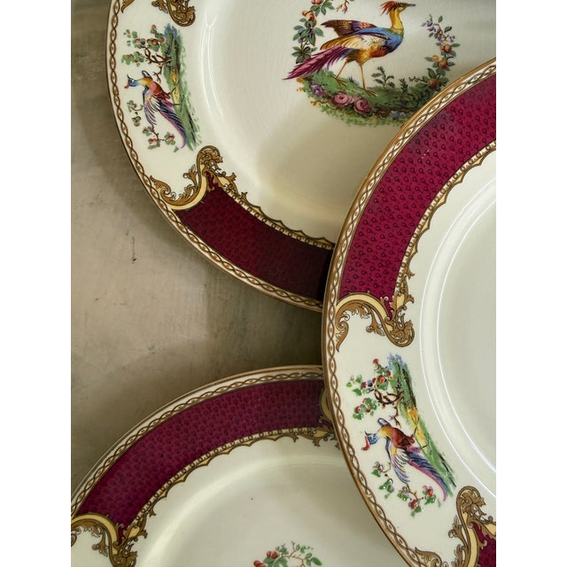 1940s 1940s Myott Chelsea Bird Dinner Plates 9 7/8” Burgundy Transferware England - Set of Eight (8) For Sale - Image 5 of 12