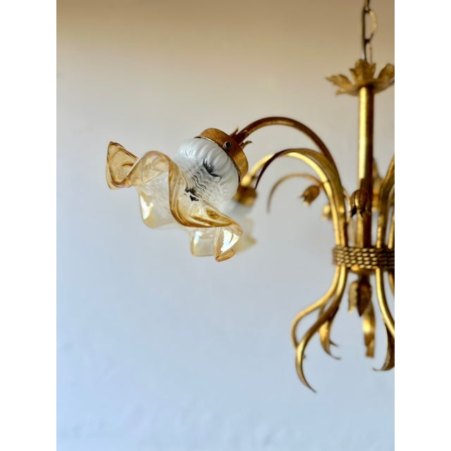Florentine Style Gilt Metal Chandelier with Amber-Tinted Glass Shades, 1960s For Sale - Image 13 of 13