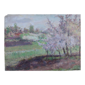 1950s Impressionism Oil Painting: Cherries Blossomed, Ukrainian Artist 23-31