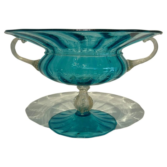 Mid 20th Century Italian Murano Glass Blue Footed Bowl With Gold Handles and Pedestal For Sale - Image 5 of 10