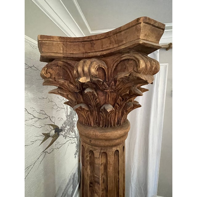 Brown Antique Carved Solid Wood Corinthian Column For Sale - Image 8 of 13