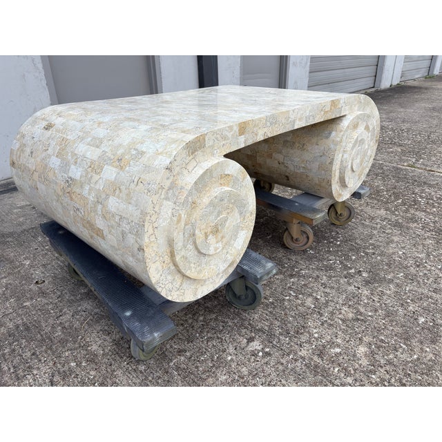 Art Deco 1980s Maitland-Smith Tessellated Travertine Scroll Cocktail Table For Sale - Image 3 of 13