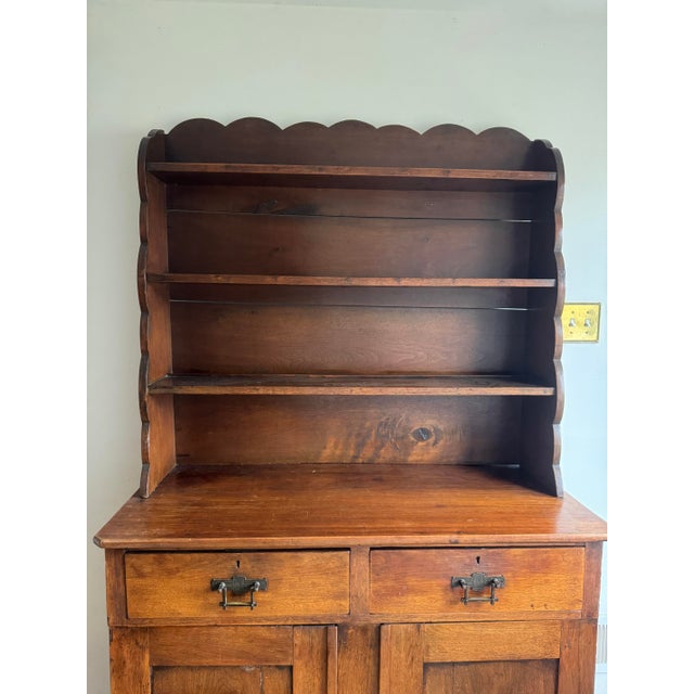 Early 20th Century Rustic Farmhouse Pine Hutch Cabinet With Scalloped Shelf Top For Sale - Image 4 of 12