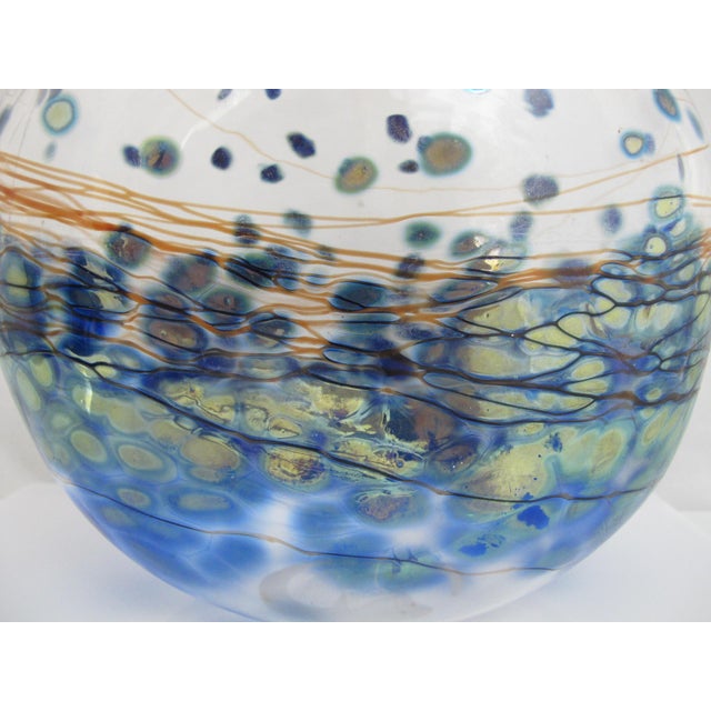 Donald Carlson Pacific Nw Blue Green Studio Art Glass Spherical Vase For Sale - Image 4 of 10