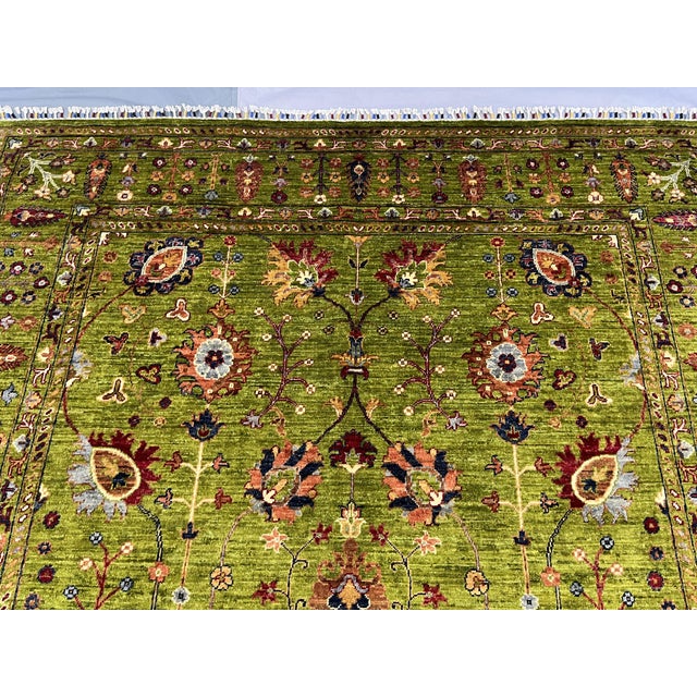 Green Afghan Sultani Natural Dye Wool Rug, Persian Floral Botanical Design, 6′9″ × 9′9″ For Sale - Image 4 of 15