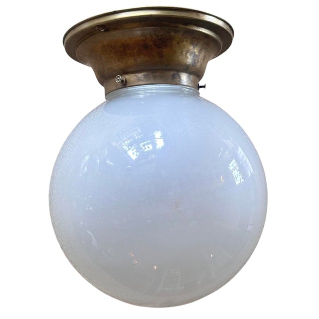 American 1920s White Cased Glass Ball Fixture on Old Brass Holder For Sale - Image 3 of 5