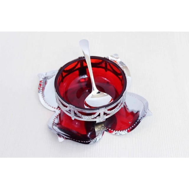 Red English Art Nouveau Silver Metal and Glass Sugar Bowl For Sale - Image 8 of 10