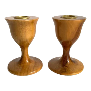 Mid Century 1960s Oregon Myrtle Wood Candle Holders Tulip Shape a Pair