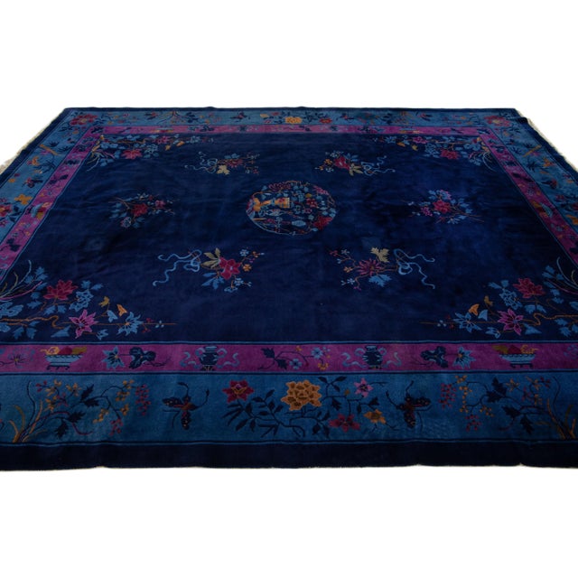1920s 1920s Navy Blue Antique Chinese Art Deco Handmade Wool Rug With Floral Design For Sale - Image 5 of 7