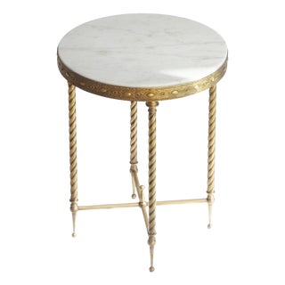 Hollywood Regency Round Marble and Brass Ornate Side Table or Plant Stand with Twisted Legs, Italy, 1950s For Sale