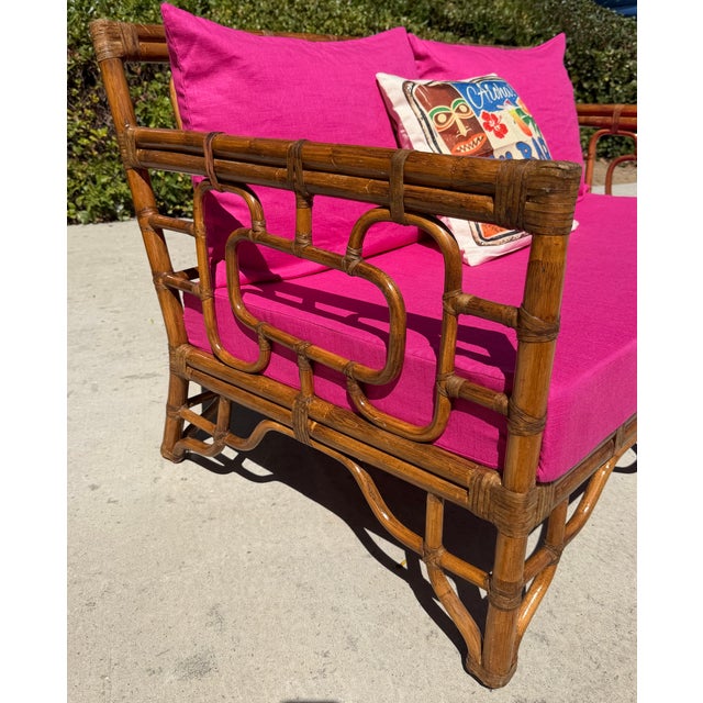 Wood Vintage Rattan Chinoiserie Loveseat, New Pink Linen Upholstery For Sale - Image 7 of 14
