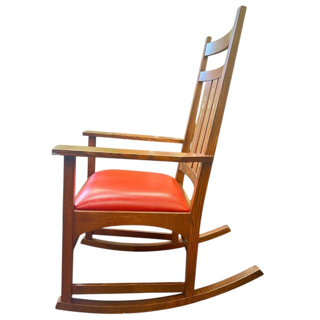 Arts & Crafts Stickley Rocking Chair Harvey Ellis Collection Mission Arts & Crafts Inlaid Cherry Wood and Leather For Sale - Image 3 of 9