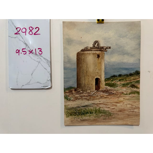 Paint Attributed to Frank Henry Mason St Nazaire 1888 Coastal Tower Watercolor For Sale - Image 7 of 7