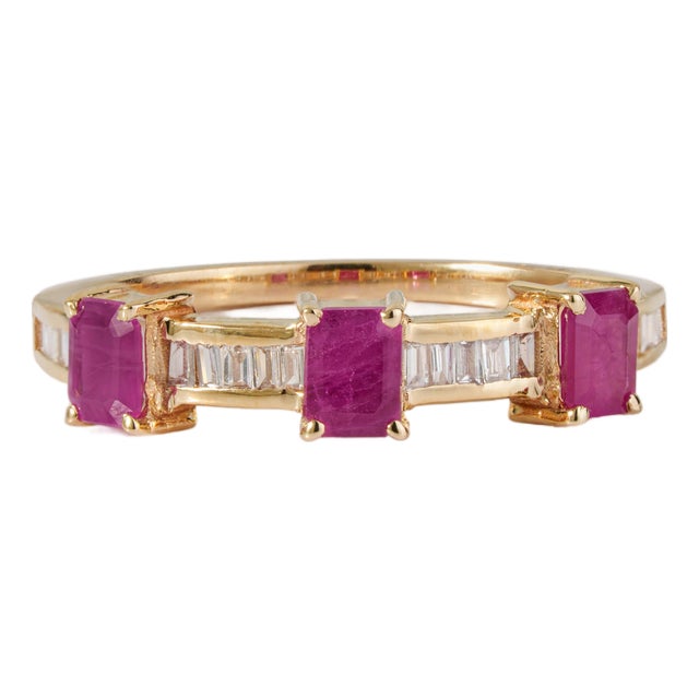 14k Gold Emerald-Cut Ruby & Baguette Diamond Modern Band Ring Size 6.5 For Sale