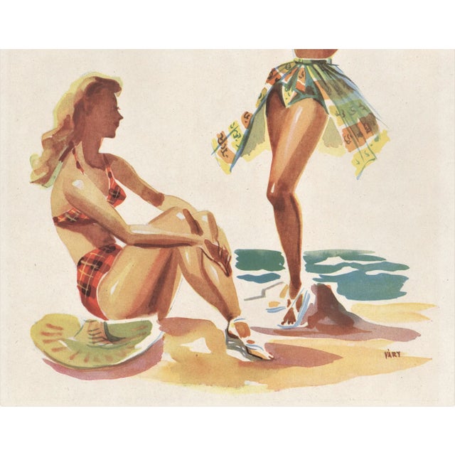 French 1947 Mid-Century French Fashion Advertisement Print-Summer Beach Wear For Sale - Image 3 of 4