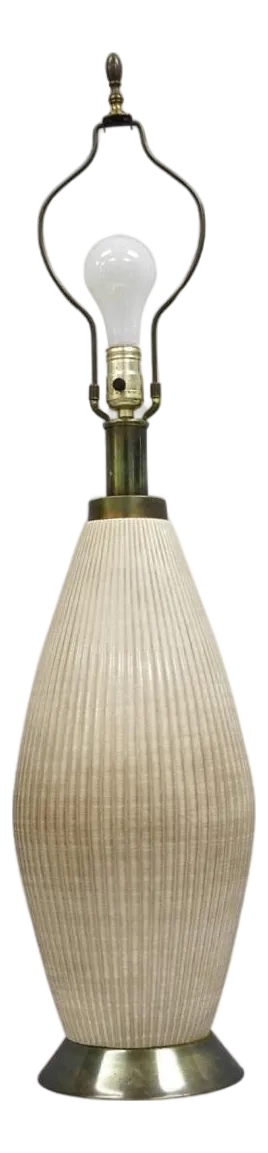 Vintage Mid Century Modern Beige Sculptural Ceramic Pottery Ribbed Table Lamp
