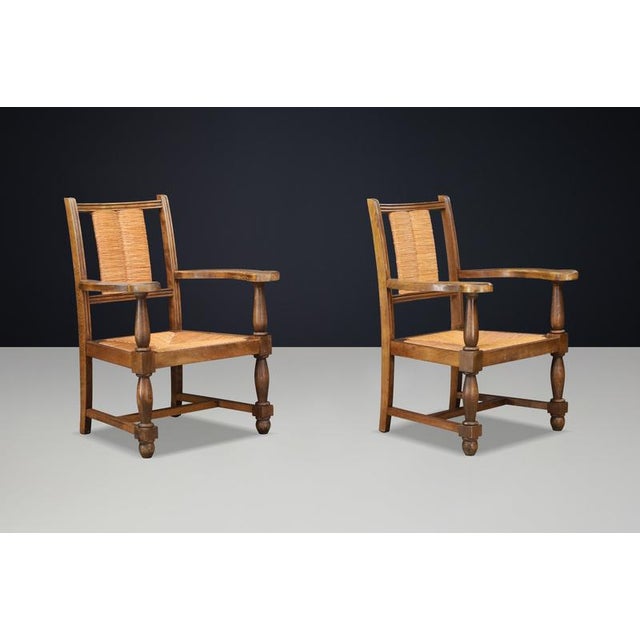French Oak and Rush Armchairs in the style of Charles Dudouyt, France, 1940, Set of 2 For Sale - Image 6 of 11