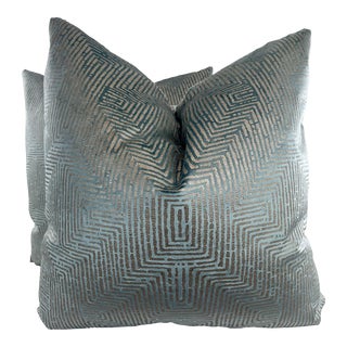 Nobilis "Plazza Velvet" in Aqua 22" Pillows-A Pair For Sale