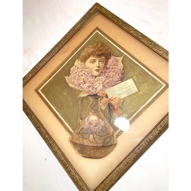 Green Antique 1800's Victorian Original Mixed Media Figural Lady Vase Painting Pinup For Sale - Image 8 of 11
