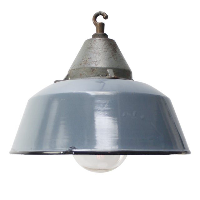 Vintage Industrial Grey Enamel and Cast Iron Pendant Lamp For Sale