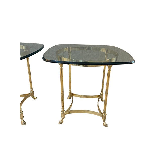 Mid-Century Modern La Barge Style Vintage Brass Base Glass Top Side Table With Hoof Feet Labarge For Sale - Image 3 of 11