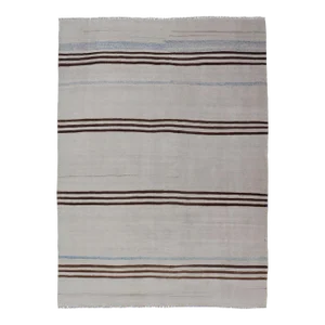 Mid 20th Century Striped Turkish Vintage Kilim Flat-Weave Rug in Brown's and Ivory
