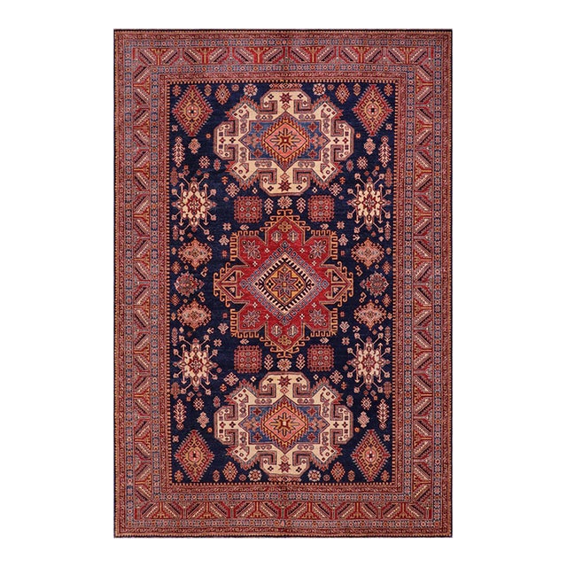 Boho Chic Tribal Super Kazak Blue/Red Wool Rug - 8'3'' X 9'9'' For Sale