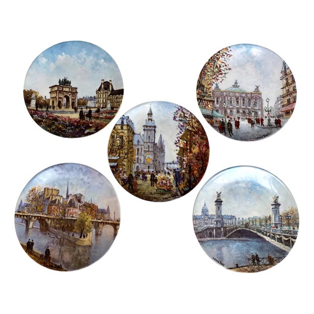 Limoges Porcelain Collectible Plate with Sights of Paris by Louis Dali, France, 1980s, Set of 5 For Sale