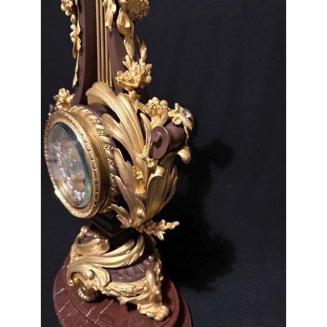 Metal 1840-1860 French Bronze Lyre Clock Louis XVI Style, Bronze/Marble For Sale - Image 7 of 18