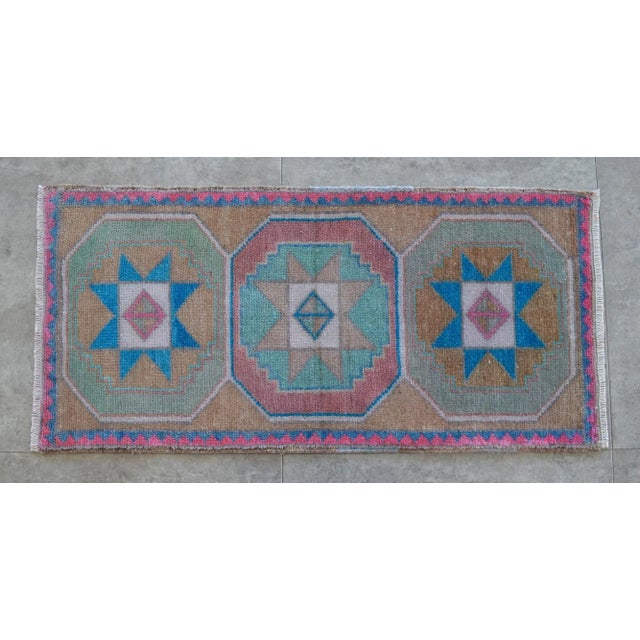 Hand Knotted Turkish Rug. Low Pile Small Rug Colorful Mat Bath Rug Kitchen Decor - 1′4″ × 2′10″ For Sale - Image 6 of 6