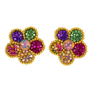 Richard Kerr Multicolor Crystal Flower Pair of Clip Earrings For Sale