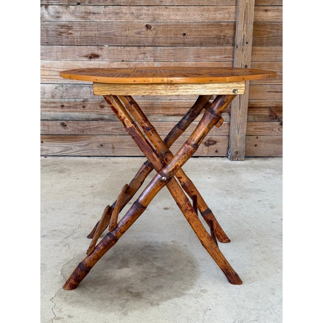 Wood Vintage Boho Tortoise Rattan and Bamboo Slat Folding Side Table For Sale - Image 7 of 12