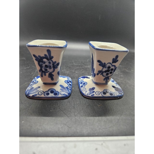 English Vintage Delft Blue. DBL Candlesticks (Pair) For Sale - Image 3 of 5