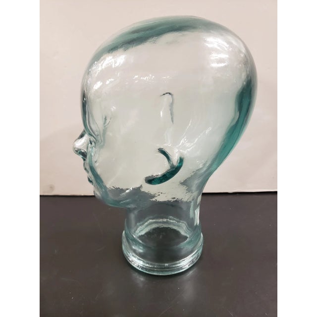 Mid-Century Modern Vintage Pier 1 Mannequin Head Clear Green Tint Glass Hat or Wig Display W/Tag, Made in Spain For Sale - Image 3 of 7