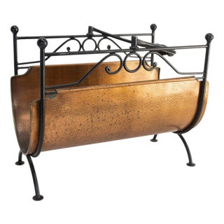 Wood Log Holder Rack in Wrought Iron and Copper, France, 1970 For Sale