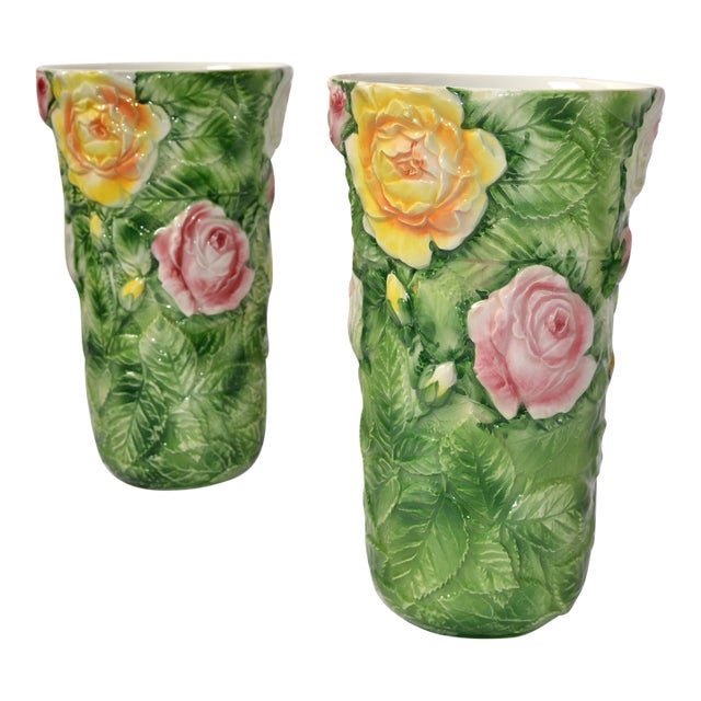 Pair, Italian 3d Majolica Floral Vases Roses Green Pink Yellow Hand-Painted For Sale